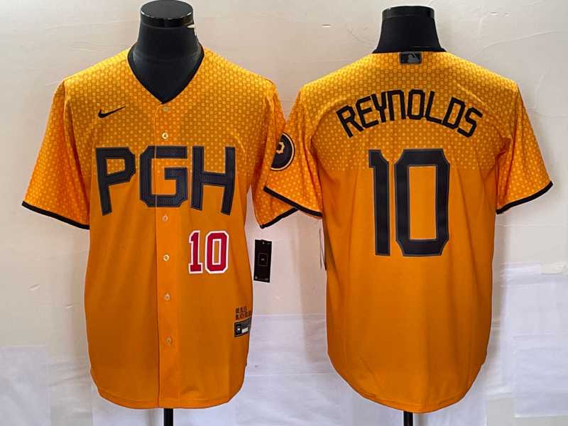 Mens Pittsburgh Pirates #10 Bryan Reynolds Number Gold 2023 City Connect Stitched Jersey